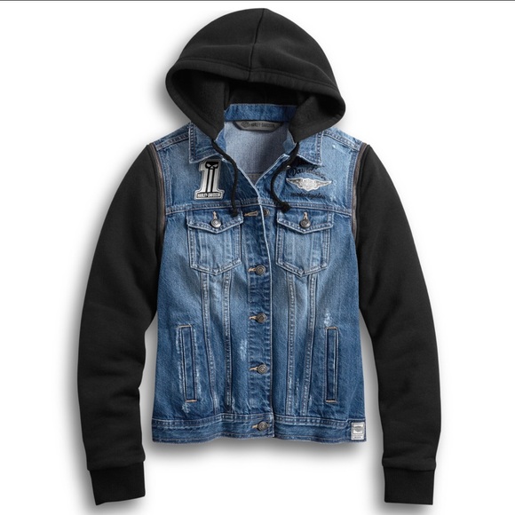Harley-Davidson Convertible Jean Jacket with black hoodie - Picture 1 of 6